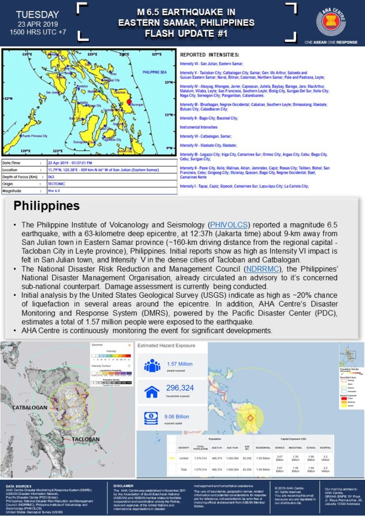 FLASH UPDATE: No. 01 - Earthquake in Eastern Samar, Philippines - 23 April 2019