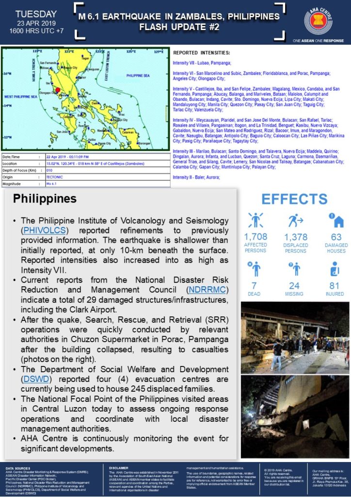 FLASH UPDATE: No. 02 - Earthquake in Zambales, Philippines - 23 April 2019