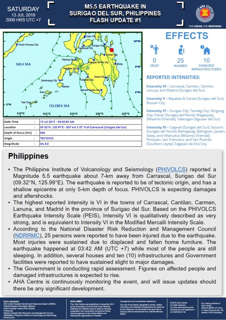 FLASH UPDATE: No. 01 - M5.5 Earthquake in Surigao del Sur, Philippines - 13 July 2019