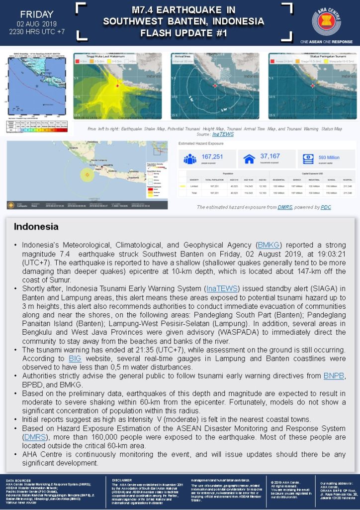 FLASH UPDATE: No. 01 - M7.4 Earthquake in Southwest Banten, Indonesia - 02 August 2019