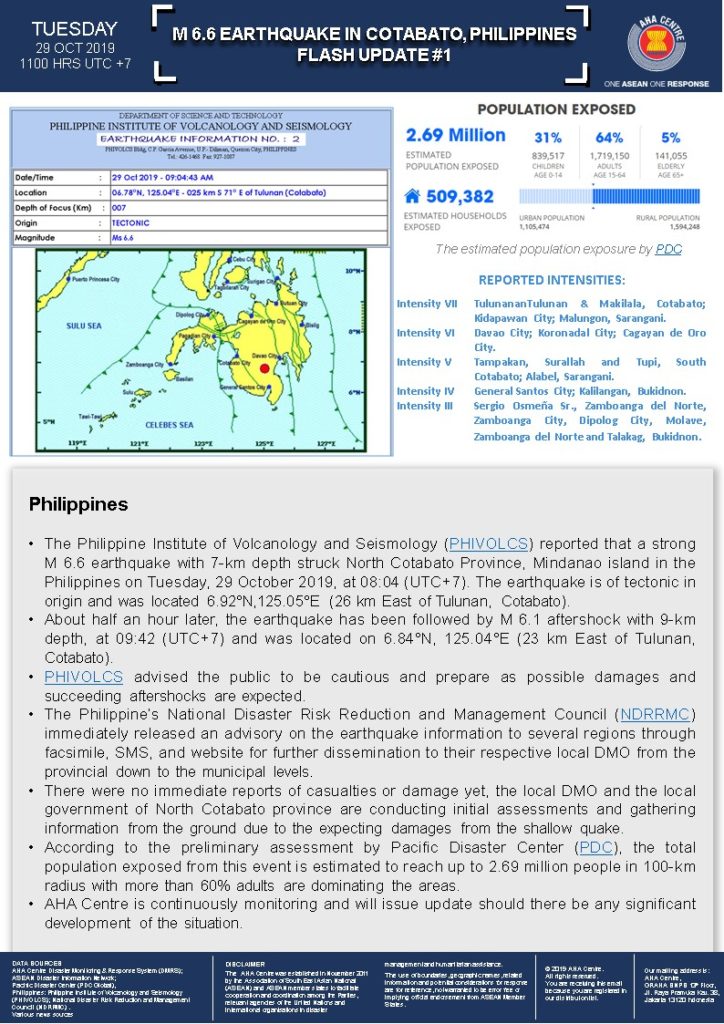 FLASH UPDATE: No. 01 - M 6.6 Earthquake in Cotabato, Philippines - 29 October 2019