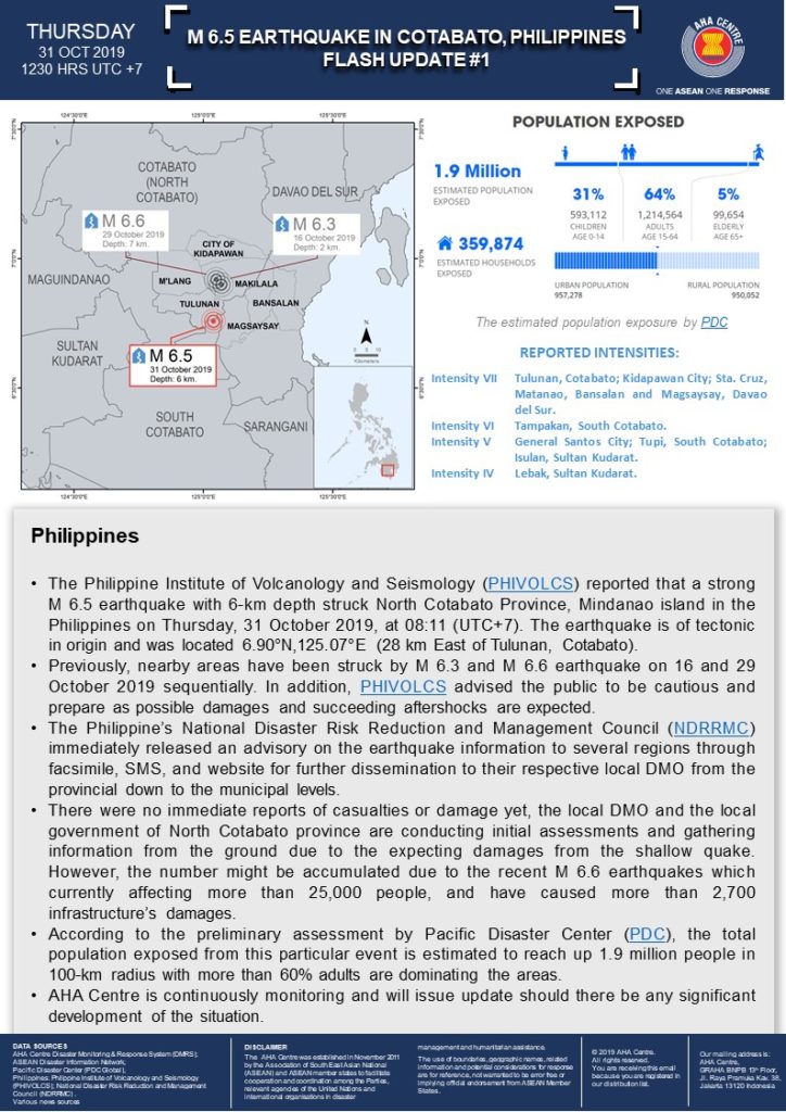 FLASH UPDATE: No. 01 - M 6.5 Earthquake in Cotabato, Philippines - 31 October 2019