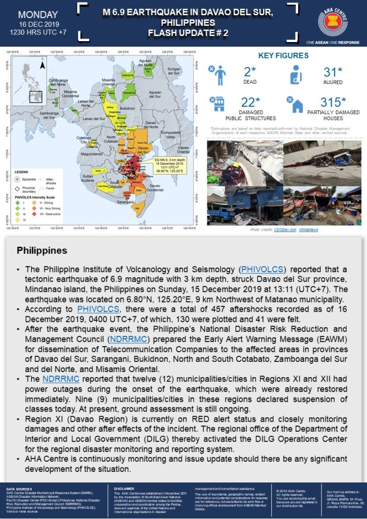 FLASH UPDATE: No. 02 - M 6.9 Earthquake in Davao del Sur, Philippines - 16 December 2019