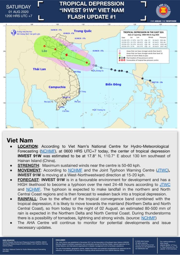 FLASH UPDATE: No. 01 - Tropical Depression INVEST 91W, VIET NAM - 01 Aug 2020