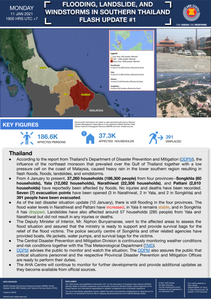 FLASH UPDATE: No. 01 – Flooding, Landslide and Windstorms in Southern Thailand, THAILAND – 11 Jan 2021