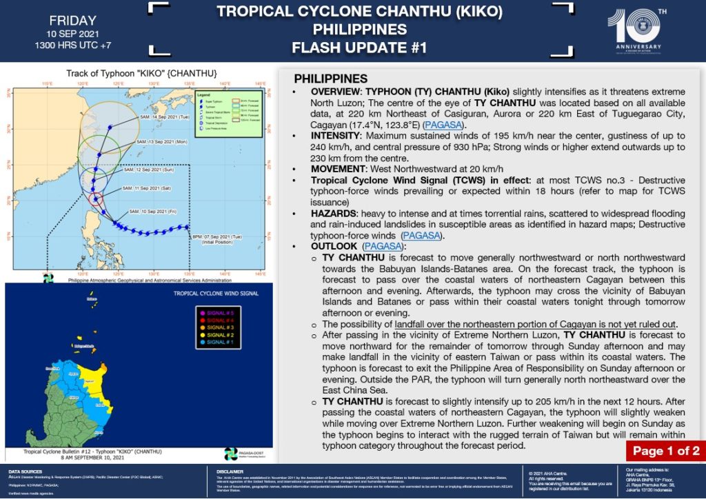 FLASH UPDATE: No. 01 – TROPICAL CYCLONE CHANTHU (KIKO), PHILIPPINES – 10 September 2021