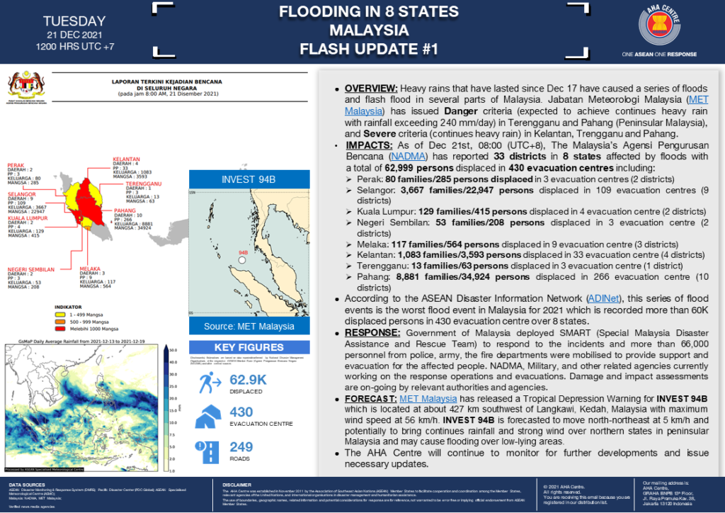 FLASH UPDATE: No. 01 – FLOODING IN 8 STATES, MALAYSIA – 21 DECEMBER 2021