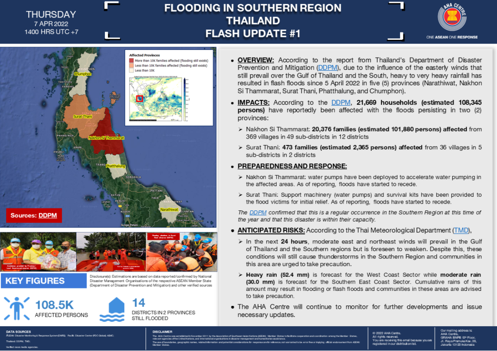 FLASH UPDATE: No. 01 – FLOODING IN THE SOUTHERN REGION, THAILAND – 7 APRIL 2022