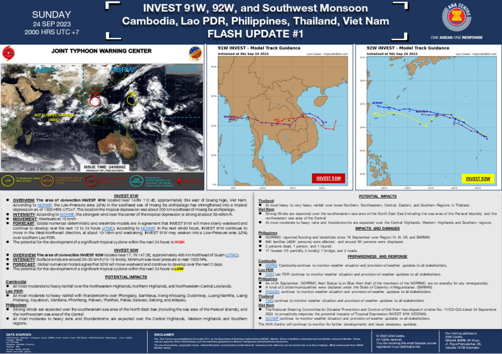 FLASH UPDATE: No. 01 – Tropical Disturbance INVEST 91W, 92W, and Southwest Monsoon – 24 September 2023
